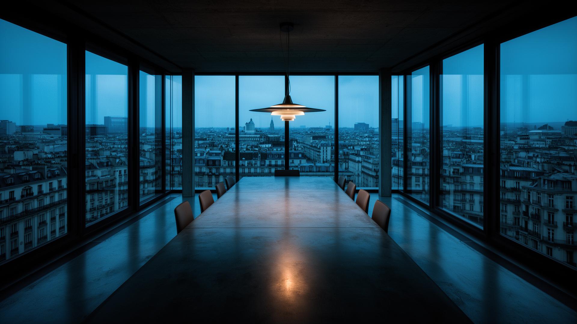 Modernist boardroom at dusk overlooking a European skyline