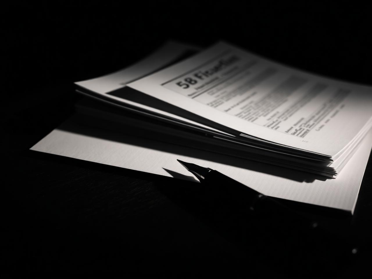 Stack of financial documents and a fountain pen on dark walnut